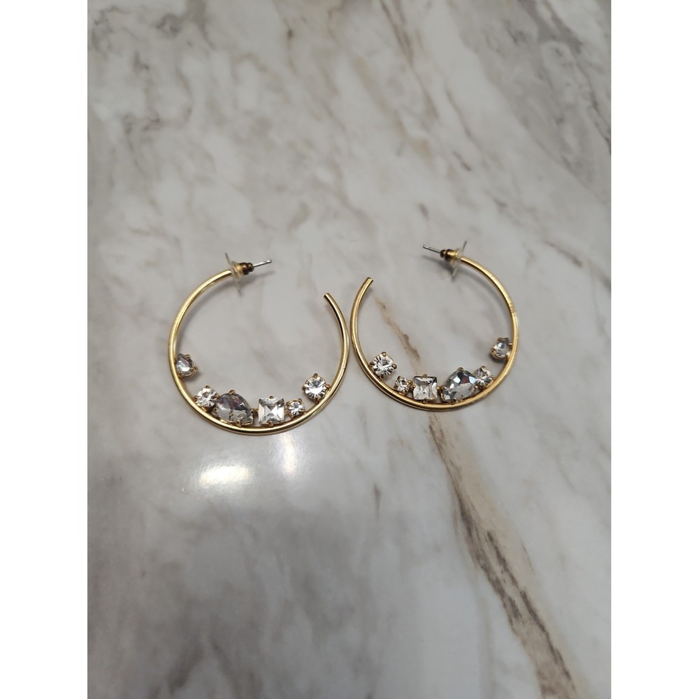 J. CREW Gold Tone Pierced Rhinestone Hoop Earrings Marked